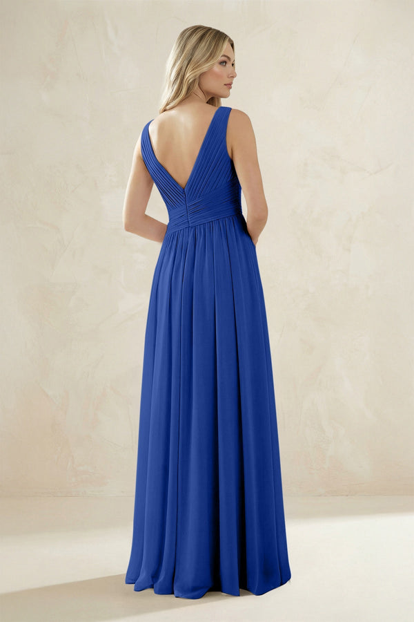 V - Neck Pleated A - Line Bridesmaid Dress in Royal Blue - KissProm Bridesmaid Dresses