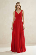 V - Neck Pleated A - Line Bridesmaid Dress in Ruby Red - KissProm Bridesmaid Dresses