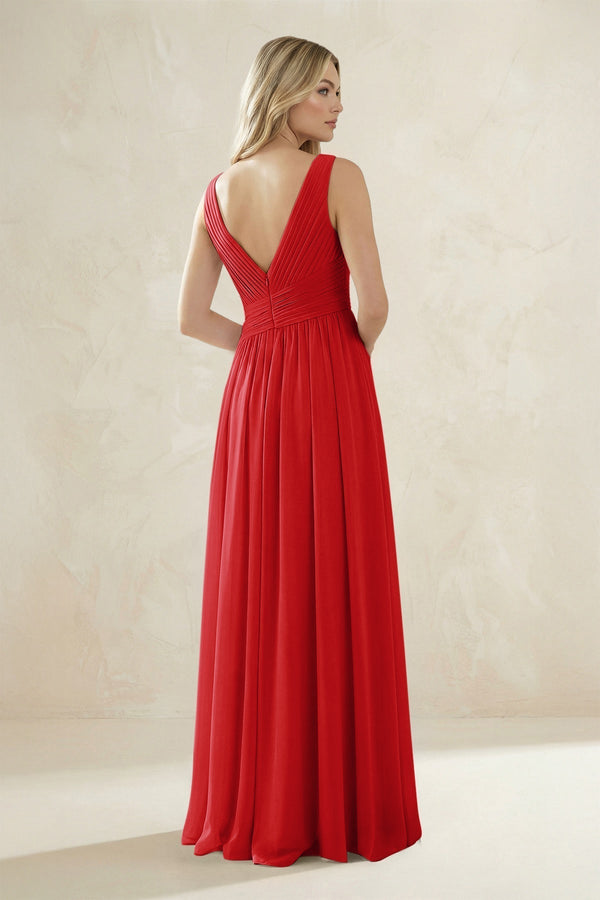 V - Neck Pleated A - Line Bridesmaid Dress in Ruby Red - KissProm Bridesmaid Dresses