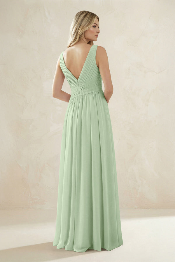 V - Neck Pleated A - Line Bridesmaid Dress in Sage - KissProm Bridesmaid Dresses