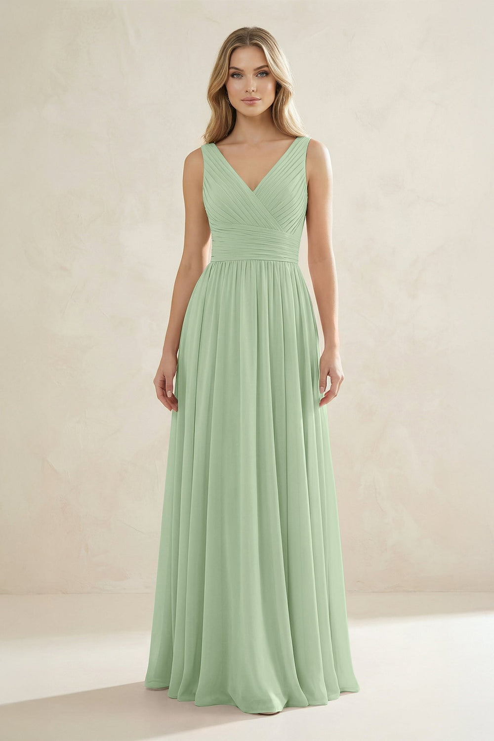 V - Neck Pleated A - Line Bridesmaid Dress in Sage - KissProm Bridesmaid Dresses