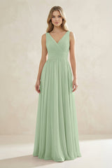 V - Neck Pleated A - Line Bridesmaid Dress in Sage - KissProm Bridesmaid Dresses