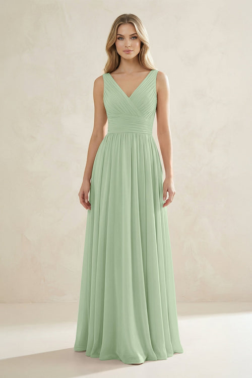 V - Neck Pleated A - Line Bridesmaid Dress in Sage - KissProm Bridesmaid Dresses