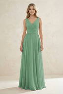 V - Neck Pleated A - Line Bridesmaid Dress in Sea Glass - KissProm Bridesmaid Dresses