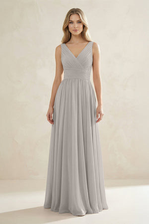 V - Neck Pleated A - Line Bridesmaid Dress in Silver - KissProm Bridesmaid Dresses