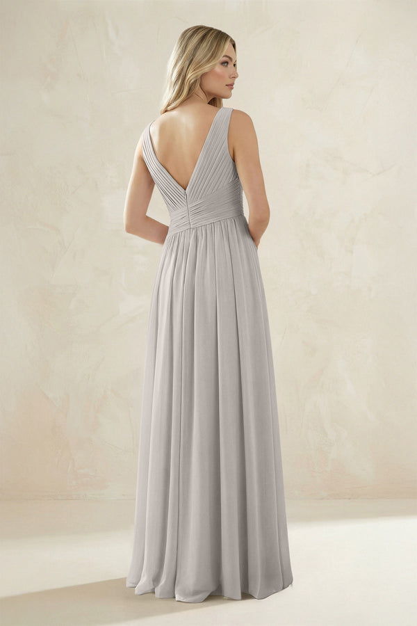 V - Neck Pleated A - Line Bridesmaid Dress in Silver - KissProm Bridesmaid Dresses