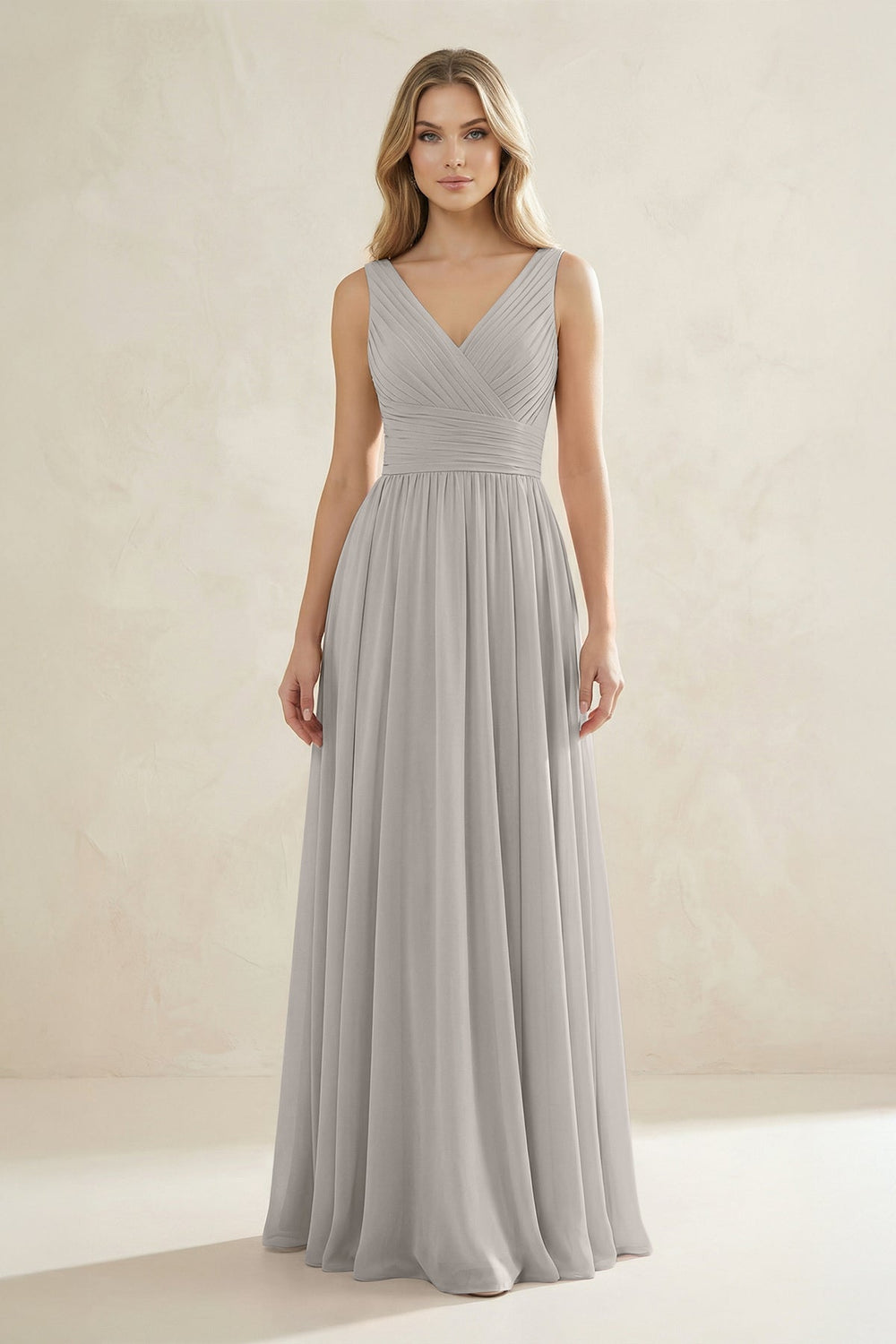 V - Neck Pleated A - Line Bridesmaid Dress in Silver - KissProm Bridesmaid Dresses