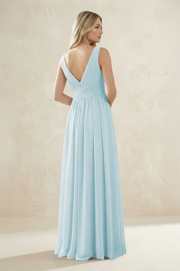 V - Neck Pleated A - Line Bridesmaid Dress in Sky Blue - KissProm Bridesmaid Dresses