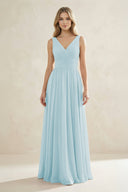 V - Neck Pleated A - Line Bridesmaid Dress in Sky Blue - KissProm Bridesmaid Dresses