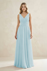 V - Neck Pleated A - Line Bridesmaid Dress in Sky Blue - KissProm Bridesmaid Dresses