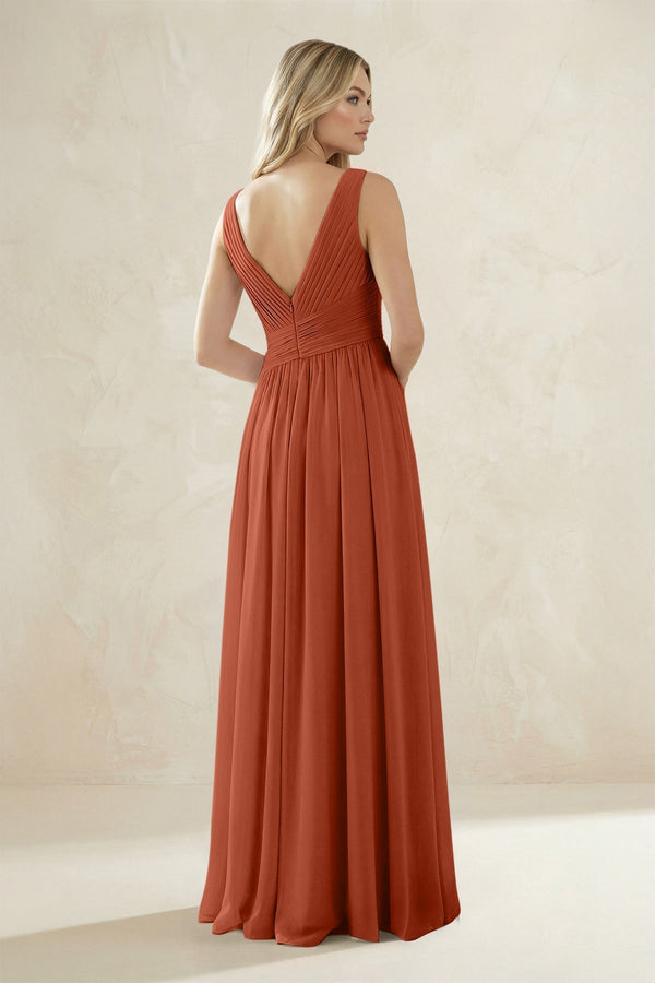 V - Neck Pleated A - Line Bridesmaid Dress in Spice - KissProm Bridesmaid Dresses
