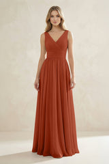 V - Neck Pleated A - Line Bridesmaid Dress in Spice - KissProm Bridesmaid Dresses