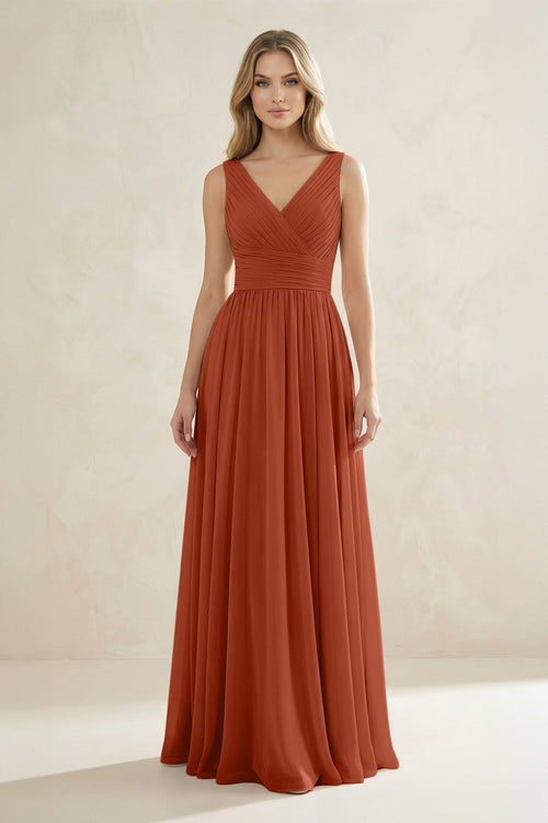 V - Neck Pleated A - Line Bridesmaid Dress in Spice - KissProm Bridesmaid Dresses