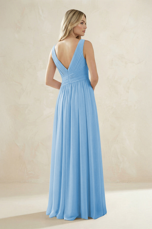 V - Neck Pleated A - Line Bridesmaid Dress in Steel Blue - KissProm Bridesmaid Dresses