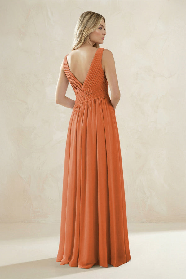 V - Neck Pleated A - Line Bridesmaid Dress in Terracotta - KissProm Bridesmaid Dresses