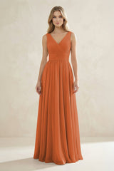 V - Neck Pleated A - Line Bridesmaid Dress in Terracotta - KissProm Bridesmaid Dresses