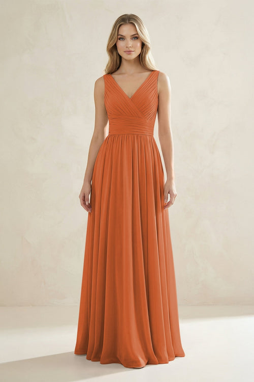 V - Neck Pleated A - Line Bridesmaid Dress in Terracotta - KissProm Bridesmaid Dresses