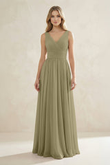 V - Neck Pleated A - Line Bridesmaid Dress in Thyme - KissProm Bridesmaid Dresses