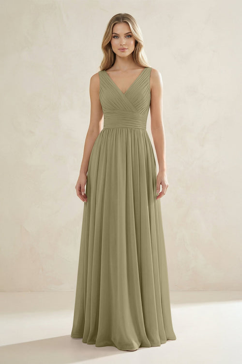 V - Neck Pleated A - Line Bridesmaid Dress in Thyme - KissProm Bridesmaid Dresses
