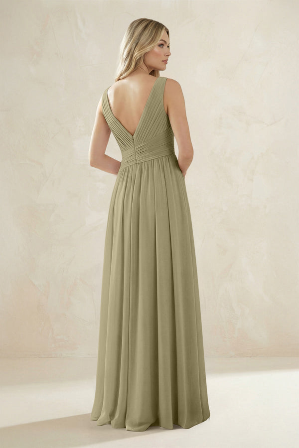 V - Neck Pleated A - Line Bridesmaid Dress in Thyme - KissProm Bridesmaid Dresses
