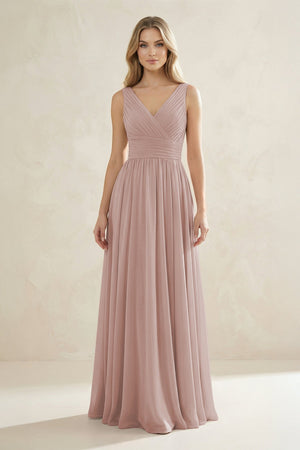 V - Neck Pleated A - Line Bridesmaid Dress in Toffee - KissProm Bridesmaid Dresses