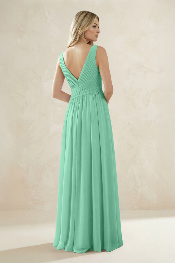 V - Neck Pleated A - Line Bridesmaid Dress in Turquoise - KissProm Bridesmaid Dresses