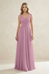 V - Neck Pleated A - Line Bridesmaid Dress in Vintage Mauve - KissProm Bridesmaid Dresses