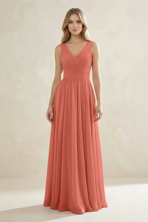 V - Neck Pleated A - Line Bridesmaid Dress in Wild Rose - KissProm Bridesmaid Dresses