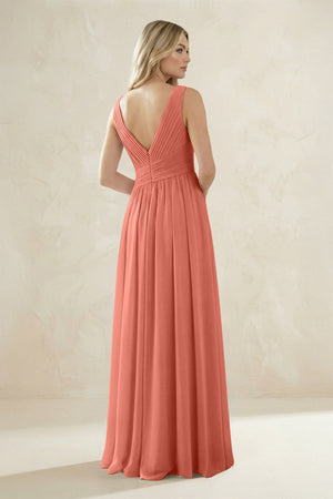 V - Neck Pleated A - Line Bridesmaid Dress in Wild Rose - KissProm Bridesmaid Dresses
