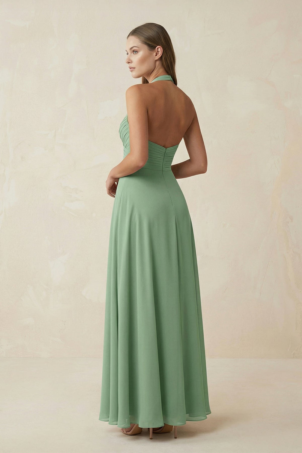 V-Neck Pleated A-Line Chiffon Bridesmaid Dress in Sea Glass - KissProm BRIDESMAID DRESSES