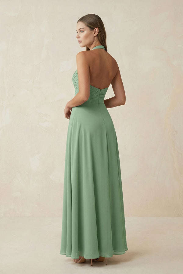 V-Neck Pleated A-Line Chiffon Bridesmaid Dress in Sea Glass - KissProm BRIDESMAID DRESSES