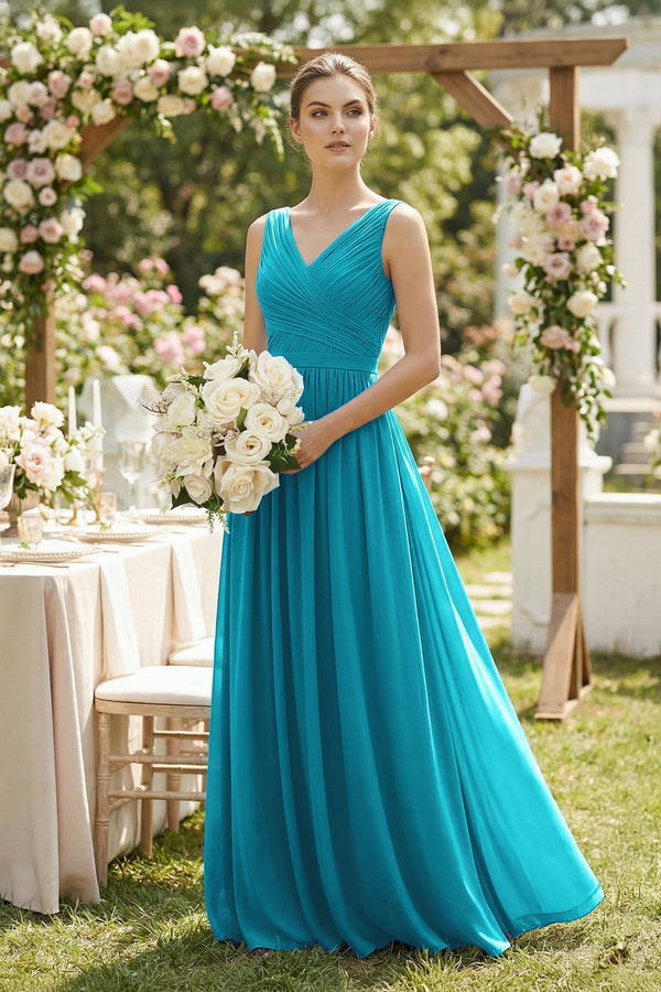A-Line V-Neck Pleated Chiffon Bridesmaid Dress in Blue Jay - KissProm BRIDESMAID DRESSES