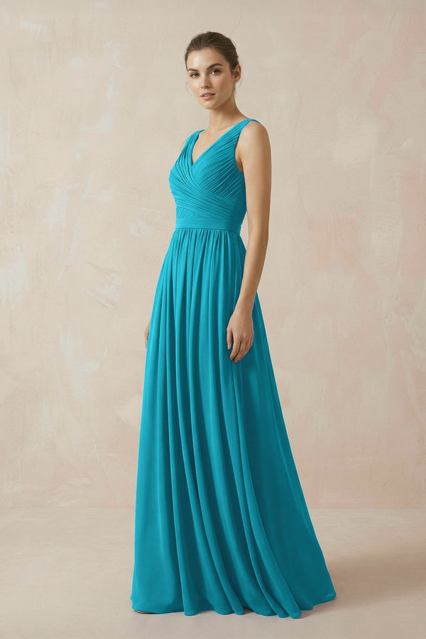 A-Line V-Neck Pleated Chiffon Bridesmaid Dress in Blue Jay - KissProm BRIDESMAID DRESSES
