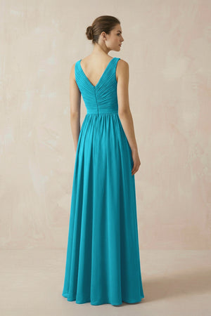 A-Line V-Neck Pleated Chiffon Bridesmaid Dress in Blue Jay - KissProm BRIDESMAID DRESSES
