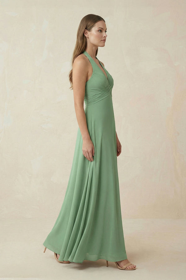 V-Neck Pleated A-Line Chiffon Bridesmaid Dress in Sea Glass - KissProm BRIDESMAID DRESSES