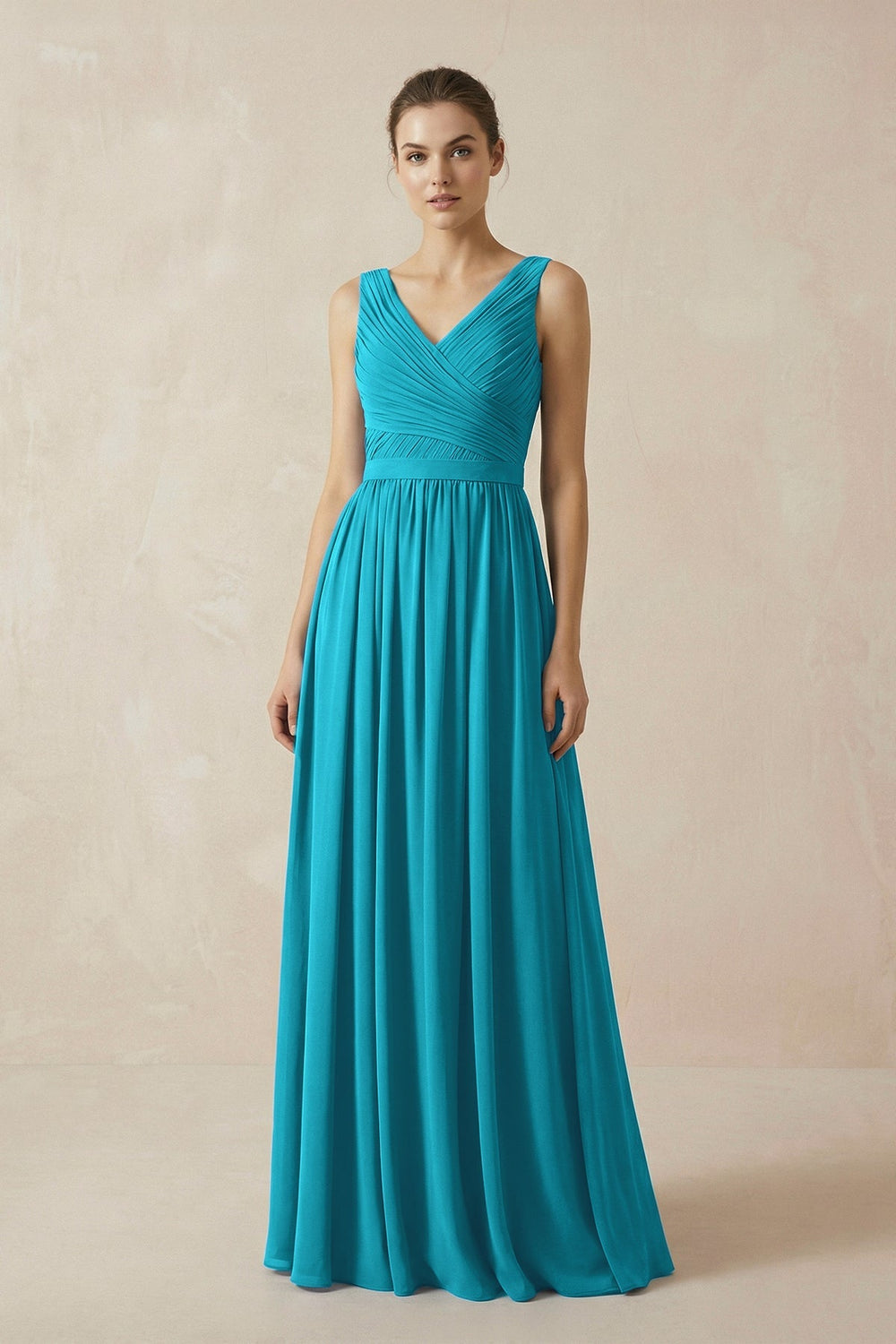 A-Line V-Neck Pleated Chiffon Bridesmaid Dress in Blue Jay - KissProm BRIDESMAID DRESSES
