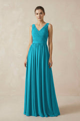 A-Line V-Neck Pleated Chiffon Bridesmaid Dress in Blue Jay - KissProm BRIDESMAID DRESSES