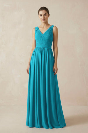 A-Line V-Neck Pleated Chiffon Bridesmaid Dress in Blue Jay - KissProm BRIDESMAID DRESSES
