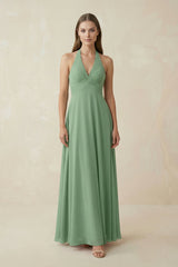 V-Neck Pleated A-Line Chiffon Bridesmaid Dress in Sea Glass - KissProm BRIDESMAID DRESSES