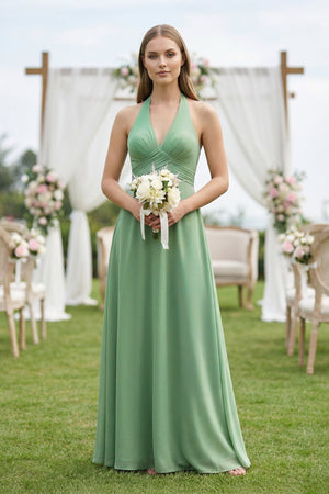V-Neck Pleated A-Line Chiffon Bridesmaid Dress in Sea Glass - KissProm BRIDESMAID DRESSES