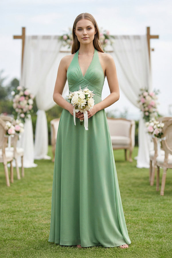 V-Neck Pleated A-Line Chiffon Bridesmaid Dress in Sea Glass, Sea Glass / 26
