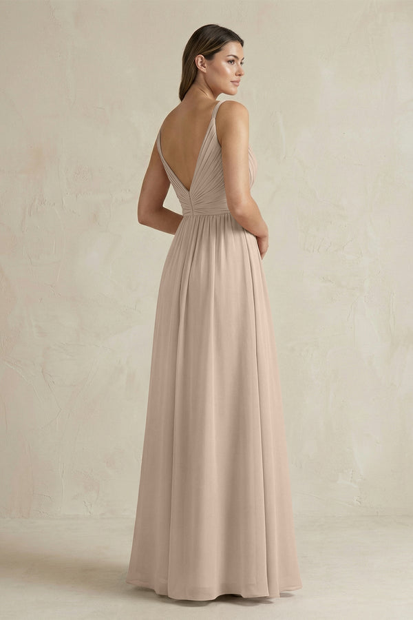 V - Neck Pleated A - Line Chiffon Bridesmaid Dress in Almond - KissProm Bridesmaid Dresses