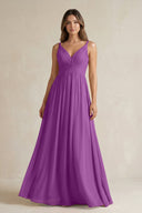 V - Neck Pleated A - Line Chiffon Bridesmaid Dress in Amethyst - KissProm Bridesmaid Dresses
