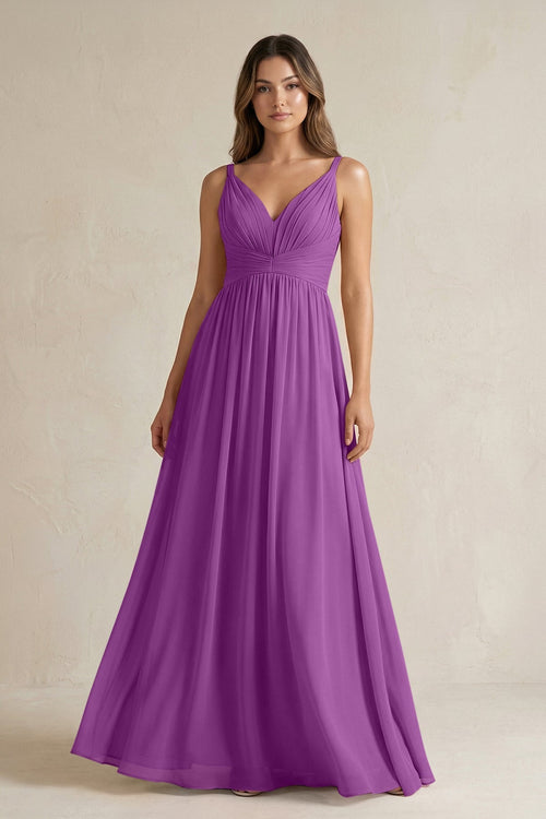 V - Neck Pleated A - Line Chiffon Bridesmaid Dress in Amethyst - KissProm Bridesmaid Dresses