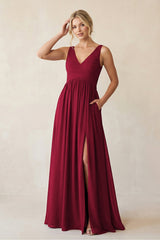 V - Neck Pleated A - Line Chiffon Bridesmaid Dress in Berry - KissProm Bridesmaid Dresses
