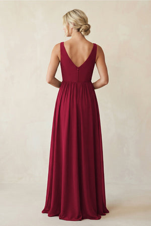 V - Neck Pleated A - Line Chiffon Bridesmaid Dress in Berry - KissProm Bridesmaid Dresses