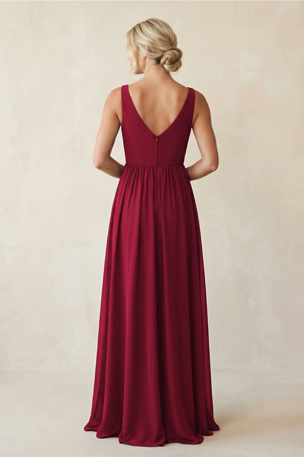 V - Neck Pleated A - Line Chiffon Bridesmaid Dress in Berry - KissProm Bridesmaid Dresses