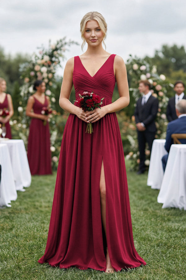 V - Neck Pleated A - Line Chiffon Bridesmaid Dress in Berry - KissProm Bridesmaid Dresses