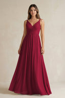 V - Neck Pleated A - Line Chiffon Bridesmaid Dress in Berry - KissProm Bridesmaid Dresses