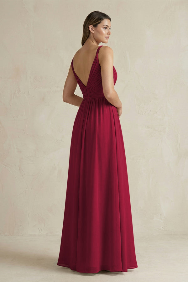 V - Neck Pleated A - Line Chiffon Bridesmaid Dress in Berry - KissProm Bridesmaid Dresses